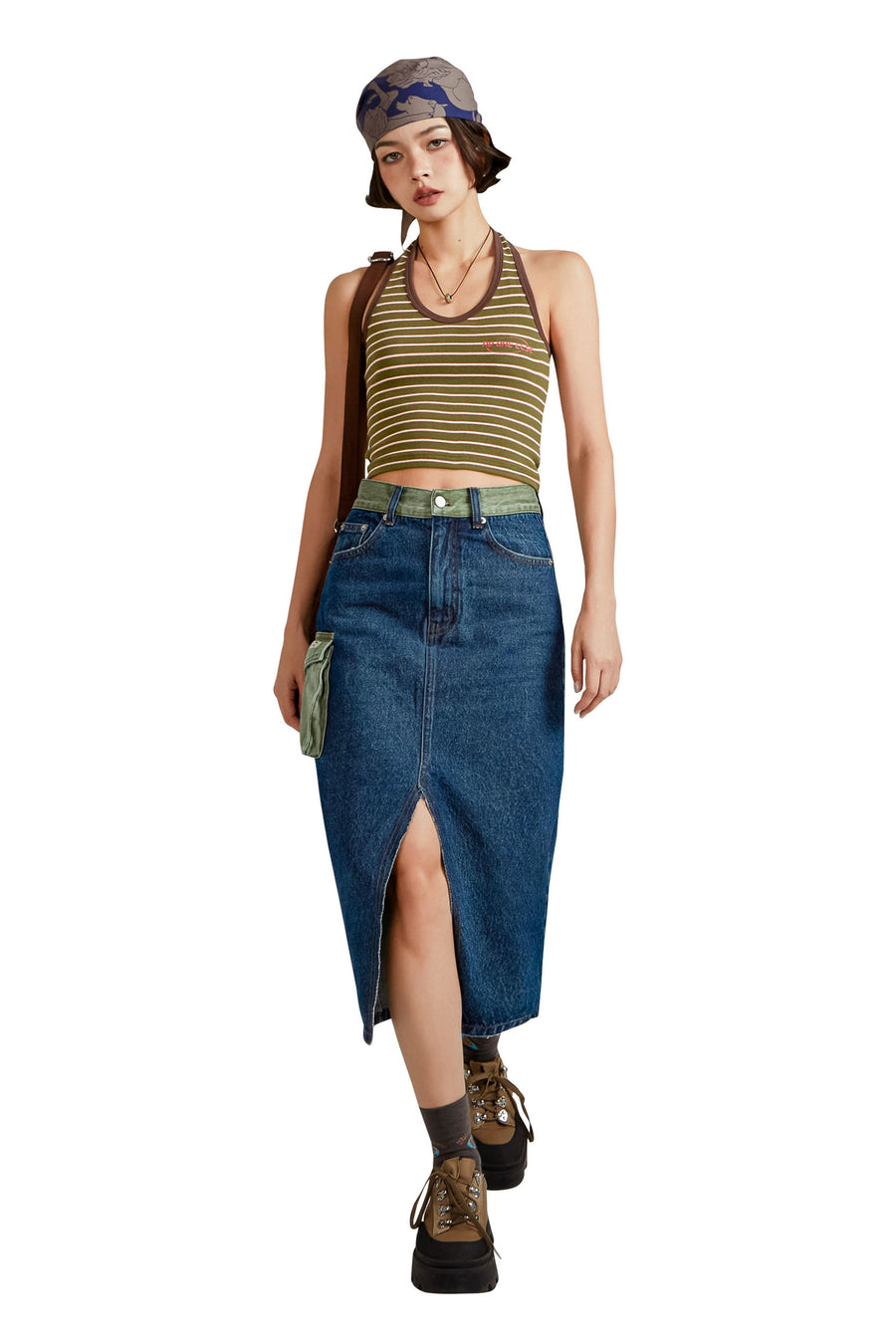 CHUU Pop Of Color Pocket Slit Long Denim Skirt