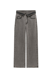 Folded Waist Collar Washed Wide Jeans
