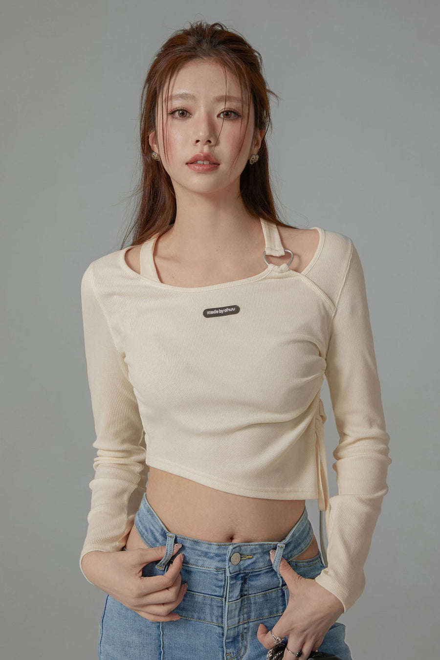 CHUU Unbalanced String Cropped T-Shirt