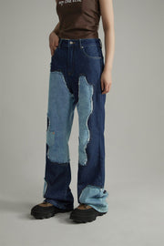 Cow Partchwork Wide Straight Jeans