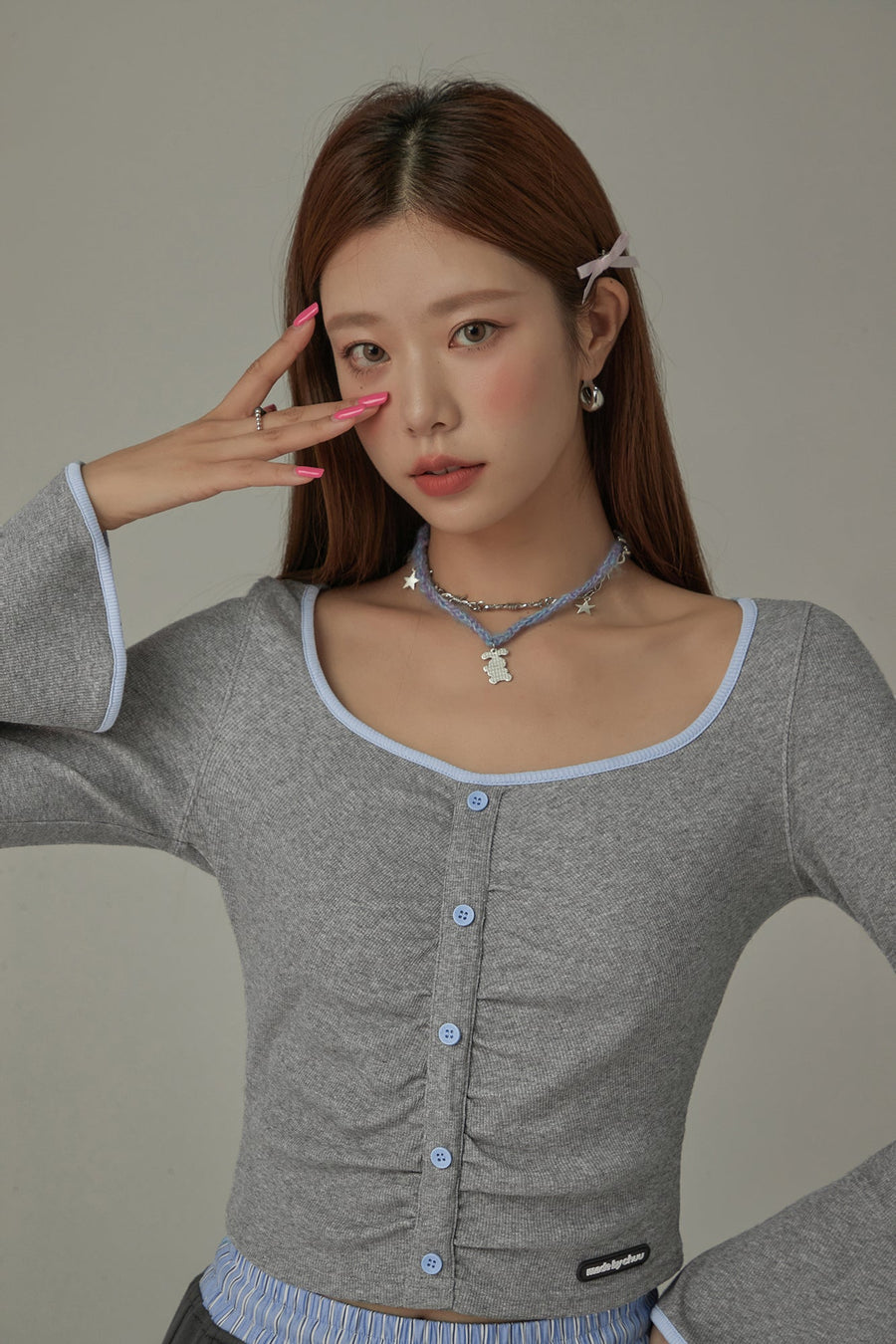 Heart Embroidered Sleeve Button T-Shirt