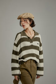 Stripe Open Collar Knit Sweater