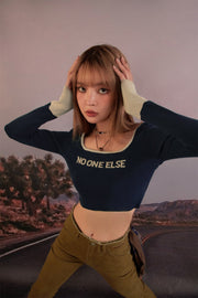Round Neck Lettering Long Sleeve Crop Knit Top