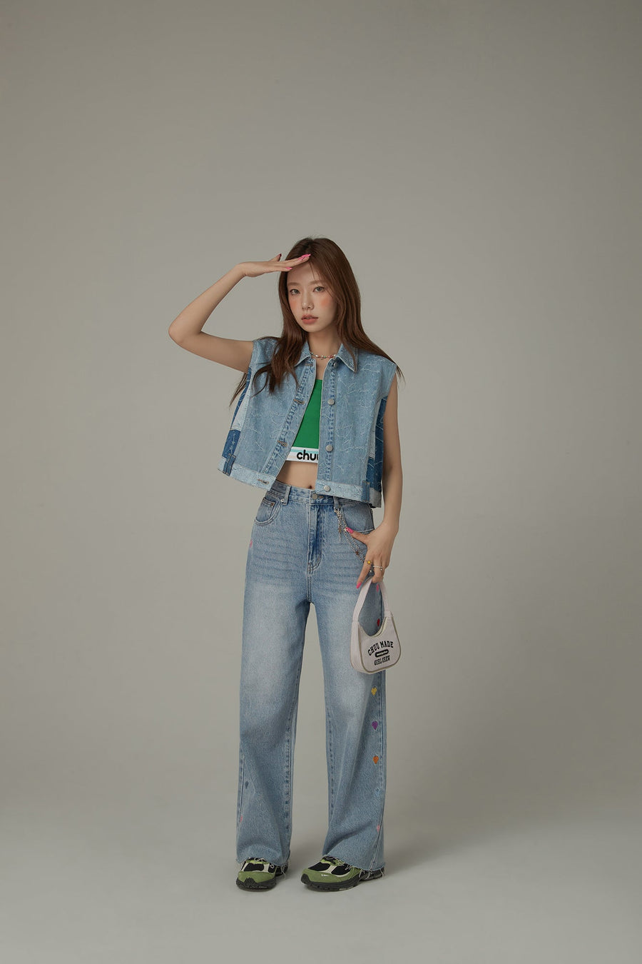 CHUU Colorful Heart Embroidered Denim Straight Wide Jeans