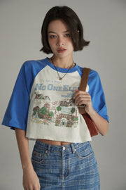 Raglan Color Crop Printed T-Shirt