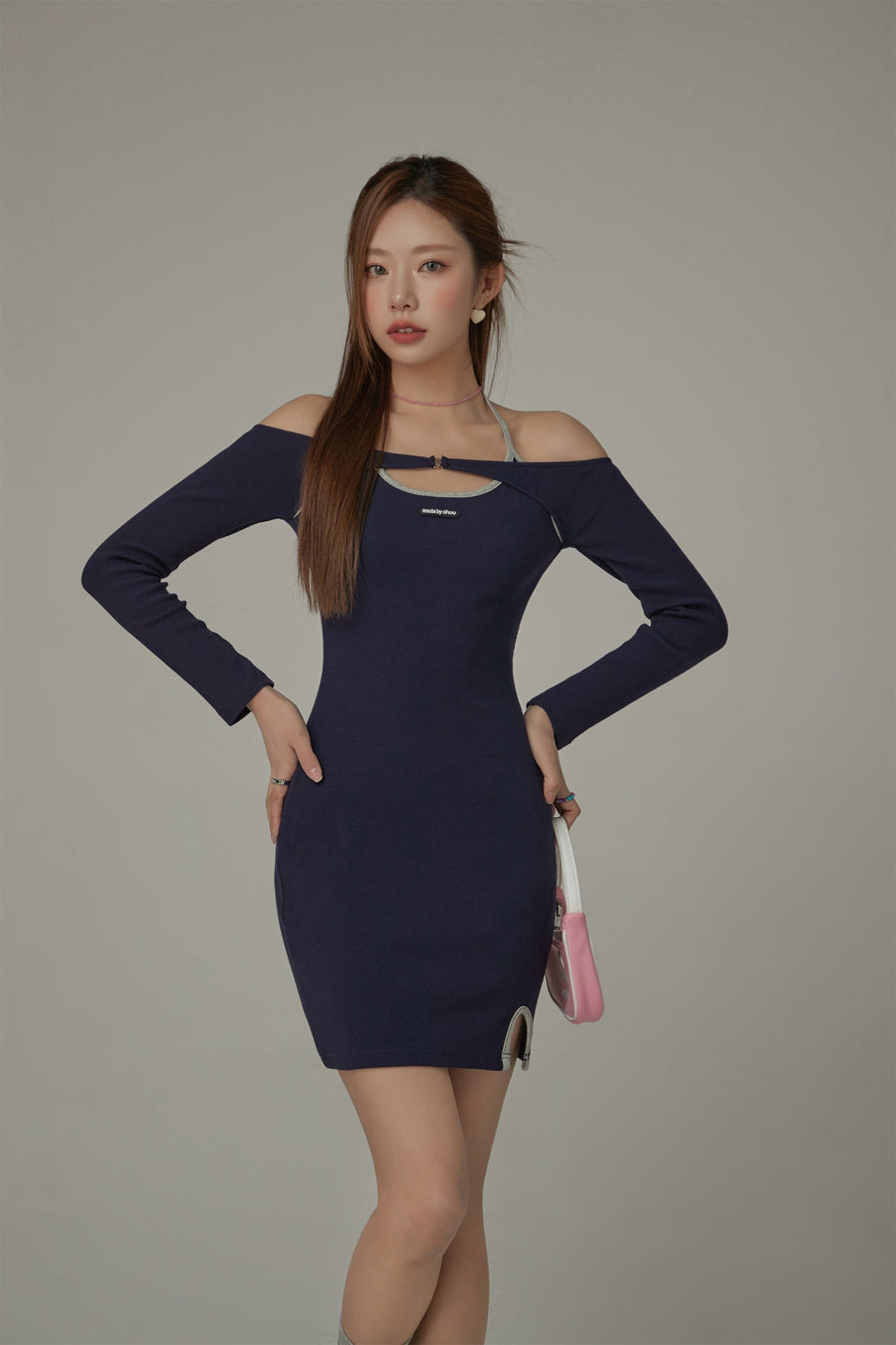 CHUU Slit Halter Neck Basic Long Sleeve Mini Dress