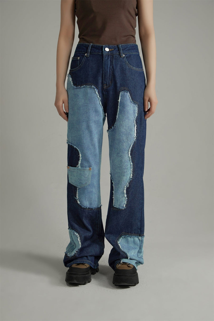 Cow Partchwork Wide Straight Jeans
