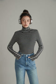 Striped High Neck Knit Top