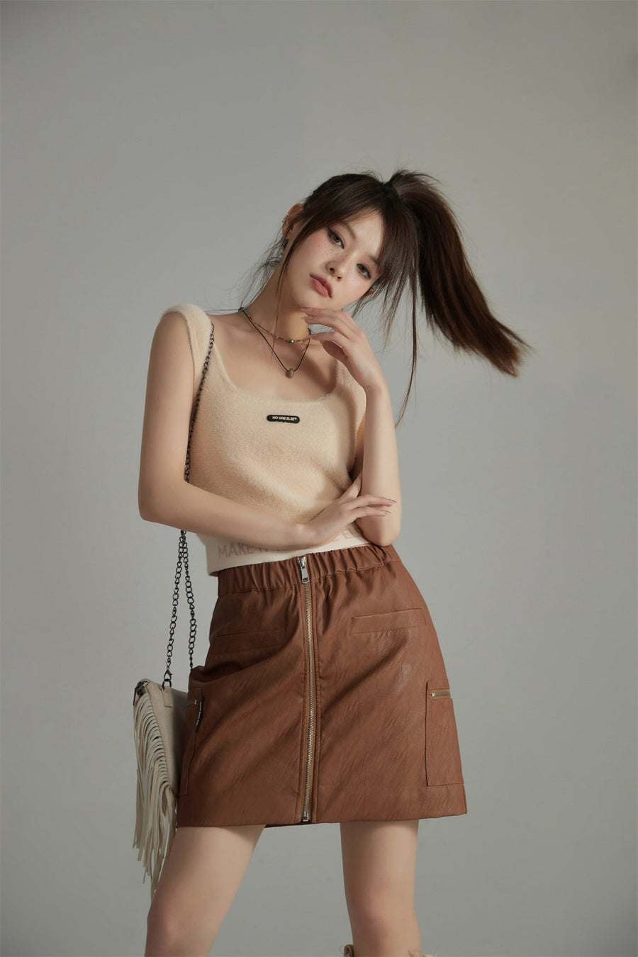 Zip-Up Leather A-Line Skirt