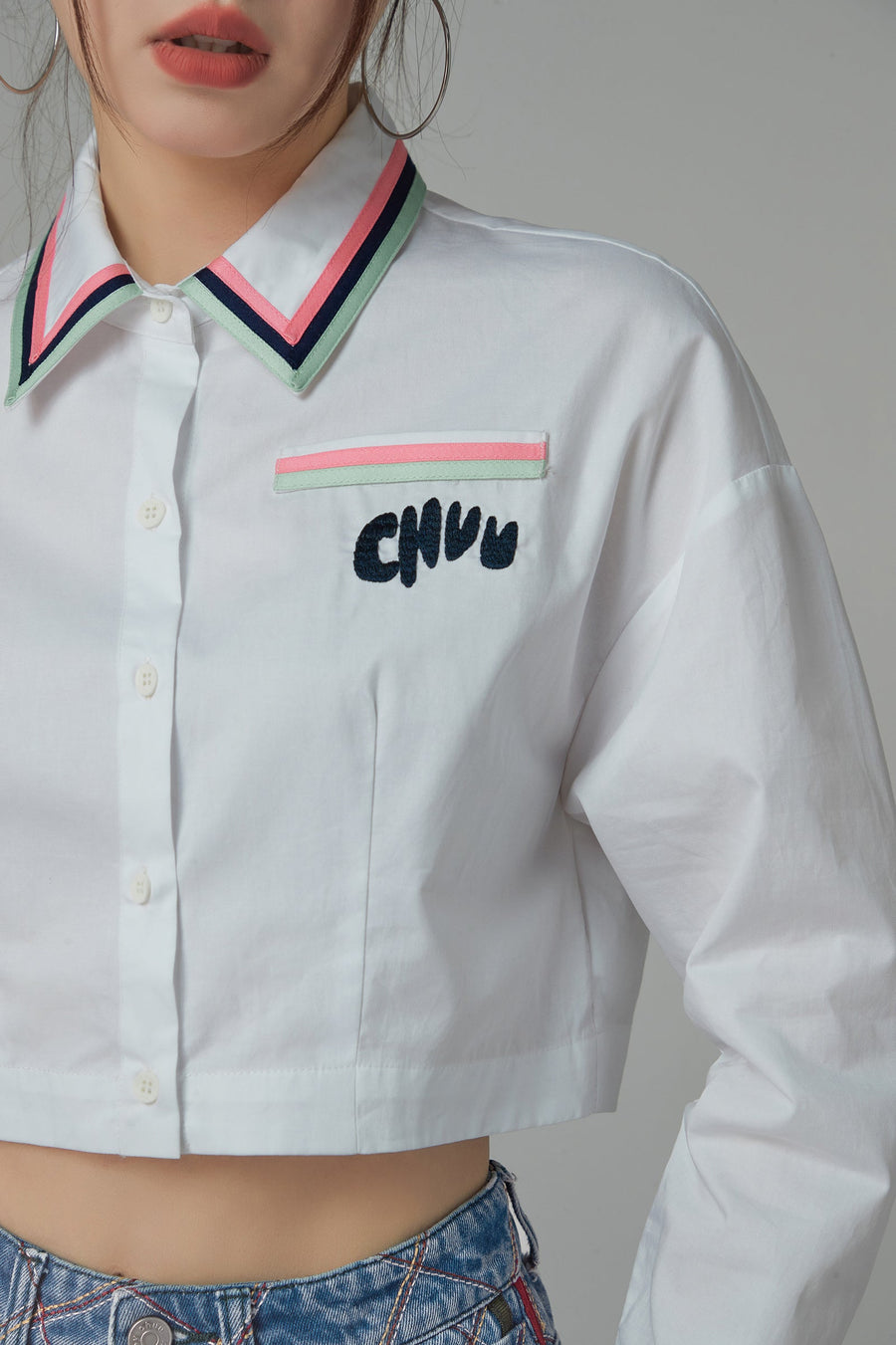 Embroidered Stripe Collar Crop Shirt