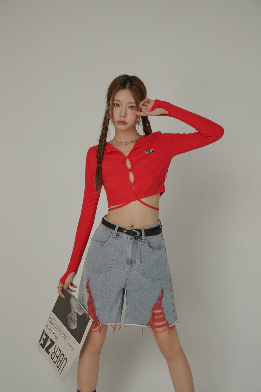 CHUU Ribbed Front Long Sleeve Criss Cross Top