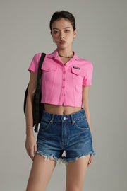 Colored Pocket Cropped Button Shirt