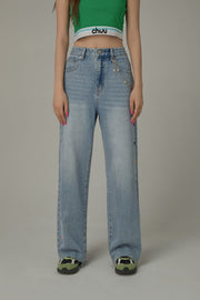 Colorful Heart Embroidered Denim Straight Wide Jeans