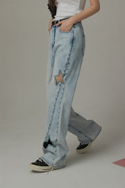 Star Cut Out Light Wash Straight Denim Jeans