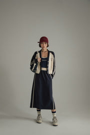 Elastic Waist Contrast Color Slit Mid Length Sporty Skirt