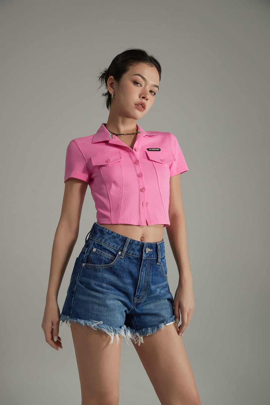 Colored Pocket Cropped Button Shirt