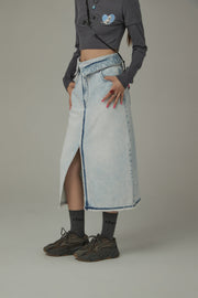 Folded Waistband Washed Long Denim Skirt
