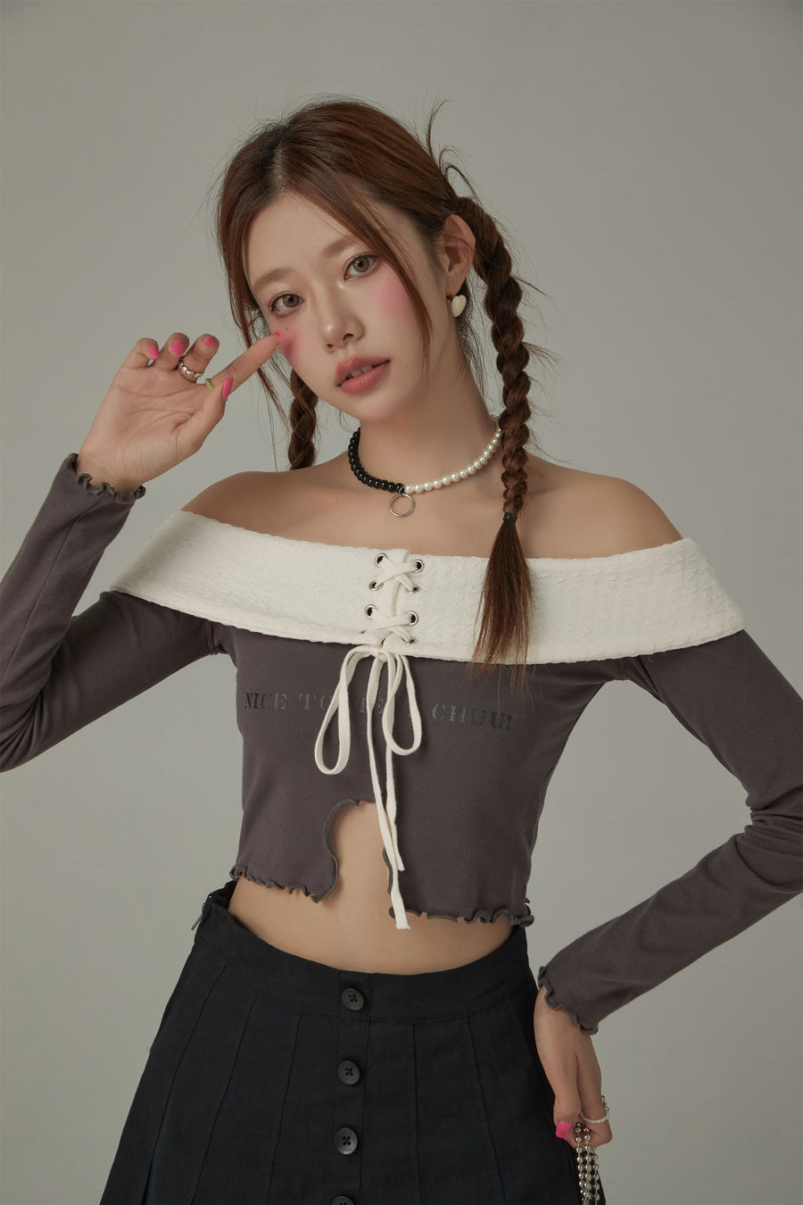 Off The Shoulder Frilly Lace Up Top