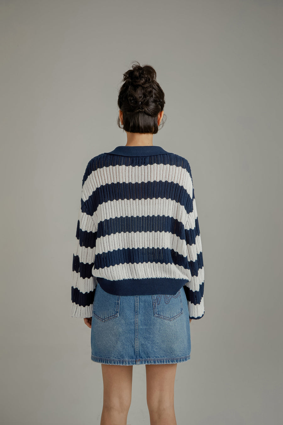 CHUU Stripe Open Collar Knit Sweater